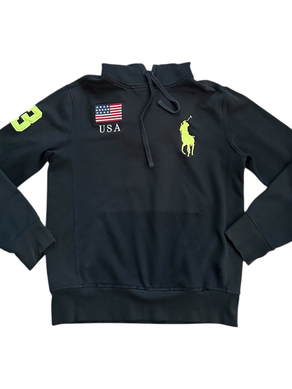 Ralph Lauren Polo USA Black Hoodie with Neon Yellow Pony. Size: M